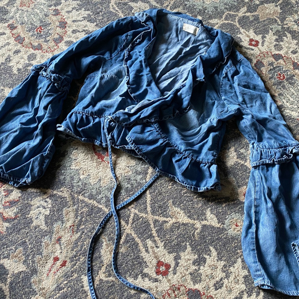 Altar’d state denim coverup ruffled cropped jacket